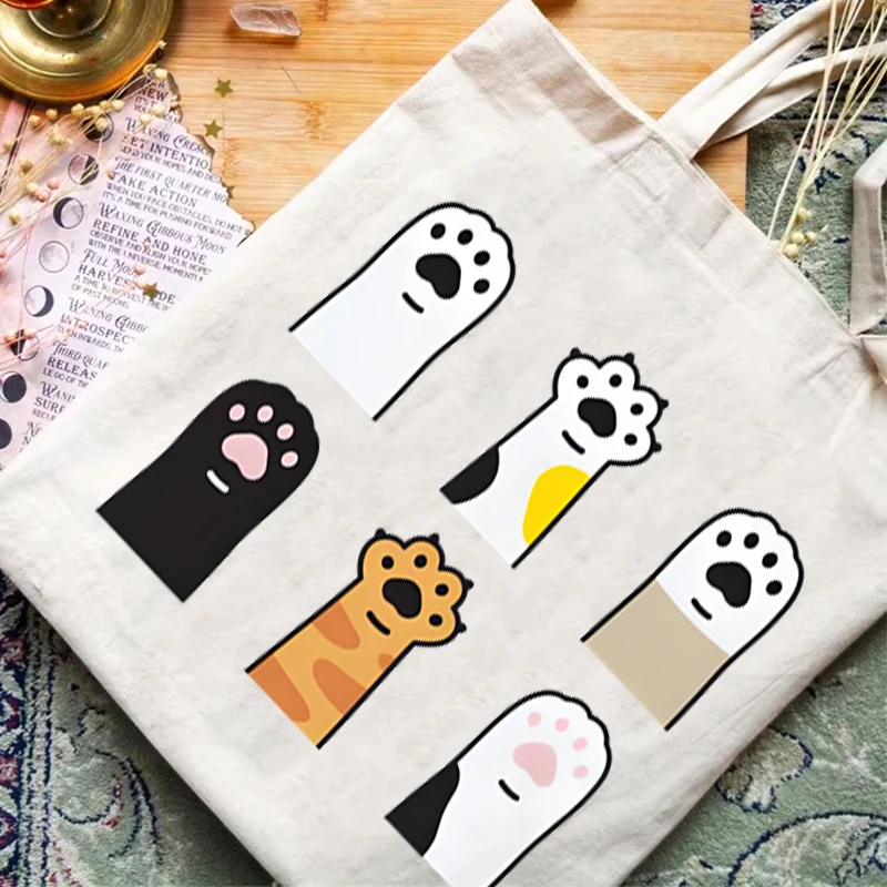 

Женская сумка через плечо с принтом кошачьих лапок, модная эко-сумка для покупок, холщовая сумка-тоут для подростков, милая сумка для мам с кошачьим принтом, женская сумка-тоут