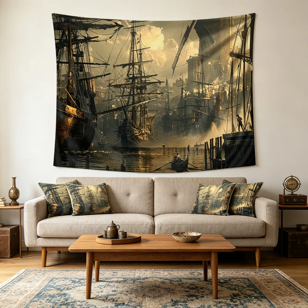 1PC Vintage Sailboat Harbor Print Backdrop Banner, Bedroom Living Room Photo Background, Polyester, Home Decor, Wall Art