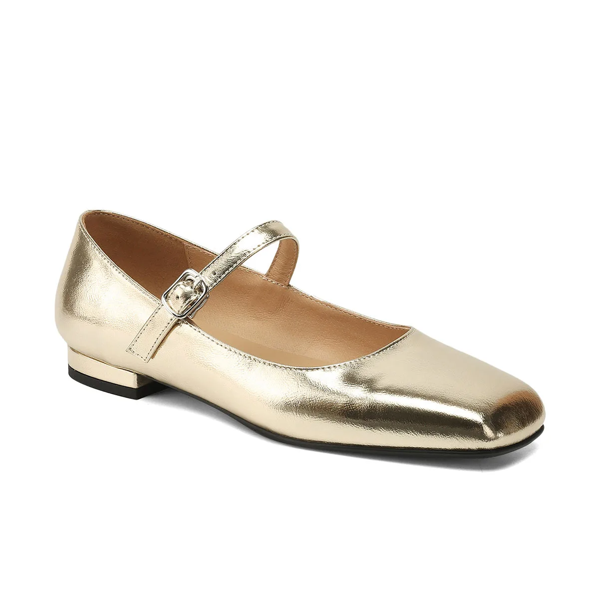 style new gold flat-soled single shoes femininity cowhide word with Mary Jane shoes square head shallow mouth super large size
