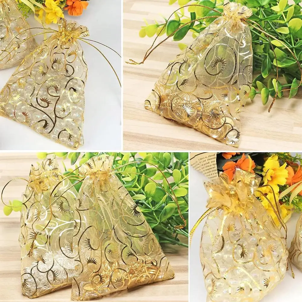 100/200 個シマーゴールドキャンディーバッグ巾着オーガンザバッグギフトバッグポーチクリスマス結婚式誕生日パーティー用
