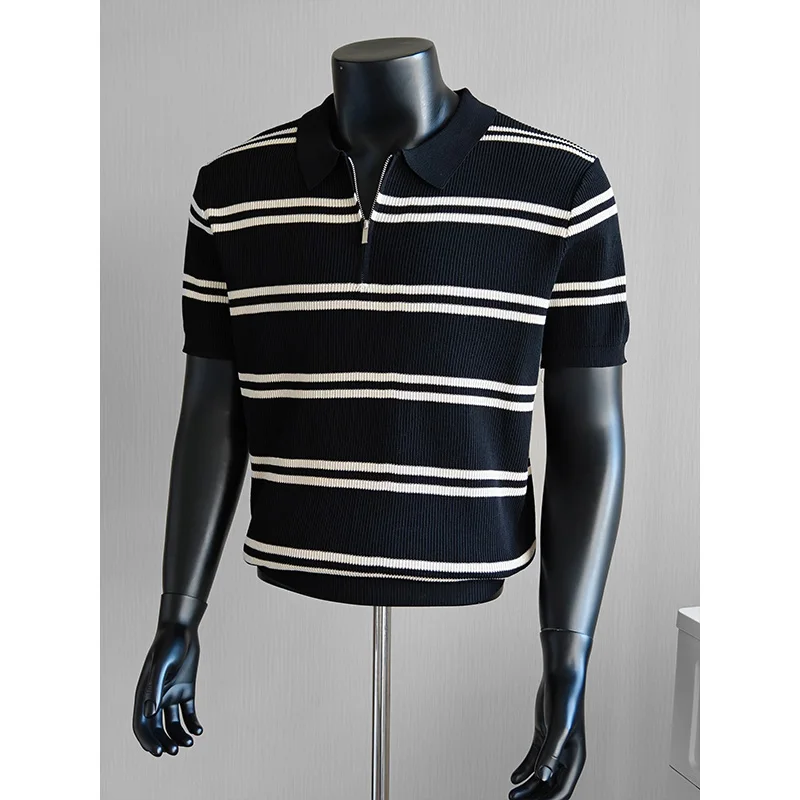 

Винтажная эластичная полосатая вязаная футболка-поло с коротким рукавом на молнии, летняя коллекция 2026, приталенная повседневная футболка с отложным воротником, уличная мода POLO