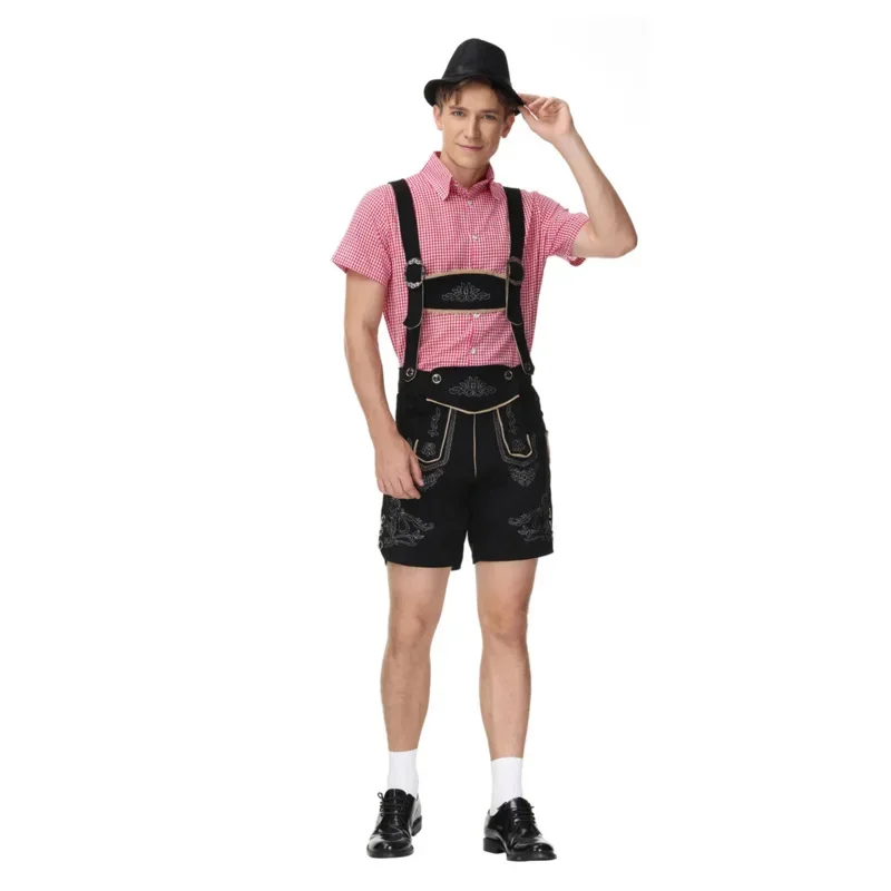 Lederhosen Suspenders Costume for Men Shirt Hat Set German Oktoberfest Bavarian Costume Cosplay Halloween Fancy Party Outfit