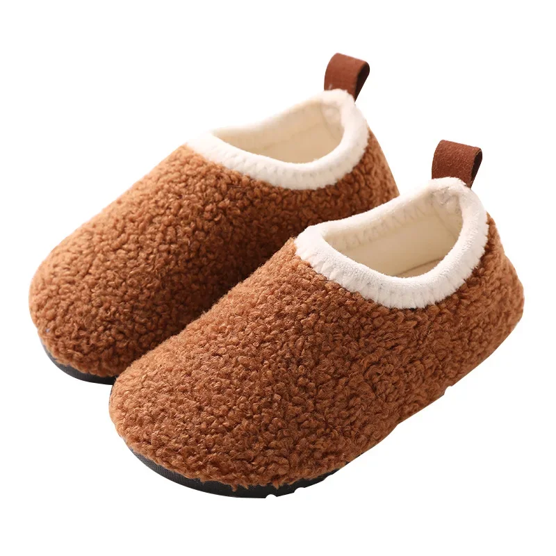 Children Cotton Slippers Solid Warm Kids Winter Home Shoes Boys Girls Plush Floor Shoes Indoor Soft Sole Anti-slip Cotton Shoes