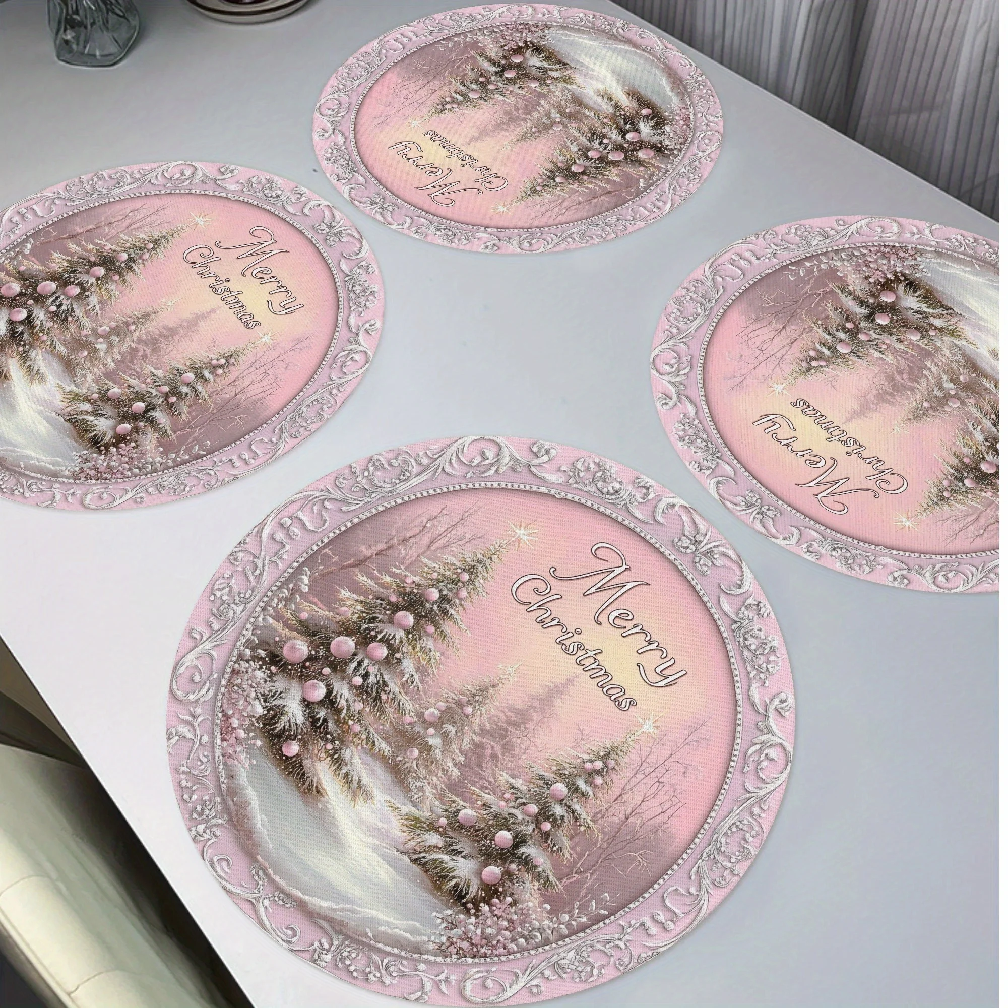 VIKAMA4PC Rosa Schnee Szene Weihnachten Tischsets Urlaub Sammeln Hause Esstisch Dekor Zubehör Party Dekorationen