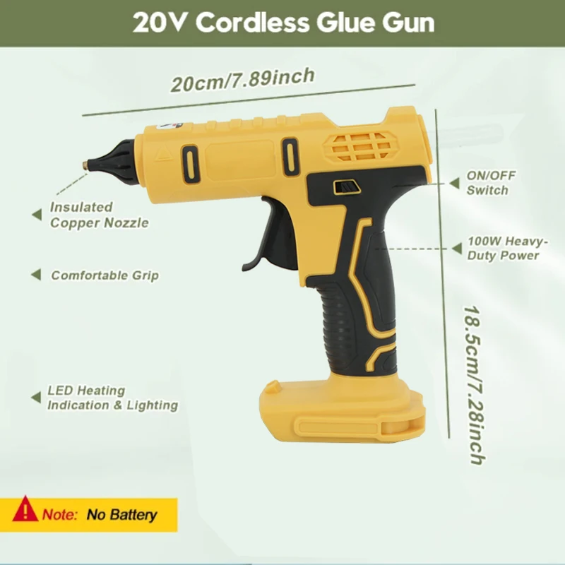 Cordless Electric Handheld Hot Glue Gun Hot Melt Gun Welding Anti-scald Nozzle with 10 Glue Stick for Dewalt Without Battery