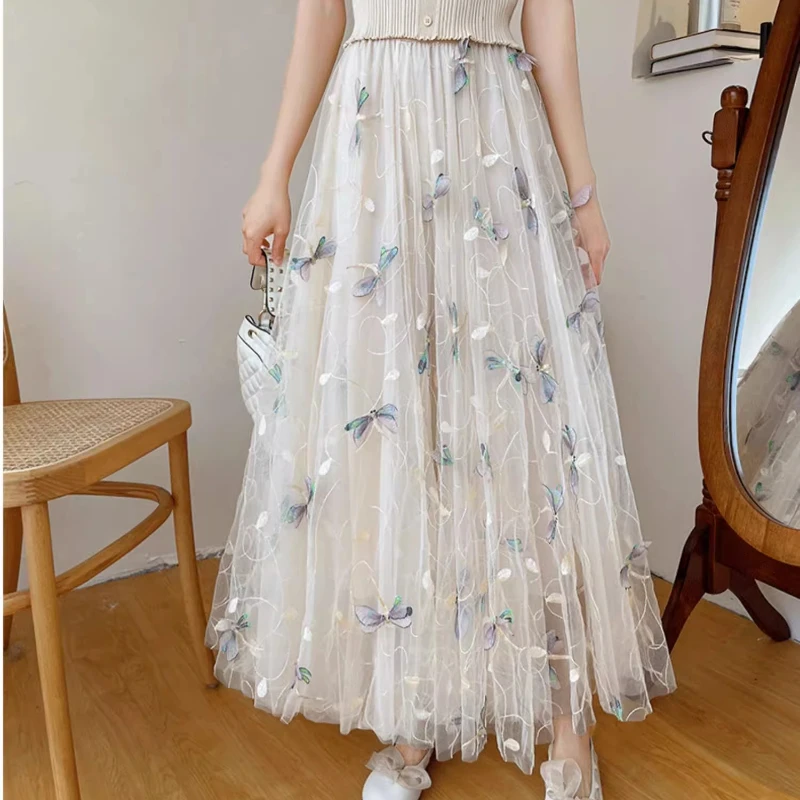 Super Fairy 3D Embroidered Dragonfly Long Mesh Skirt Floral Embroidery Tulle A-line Long Tutu Skirts