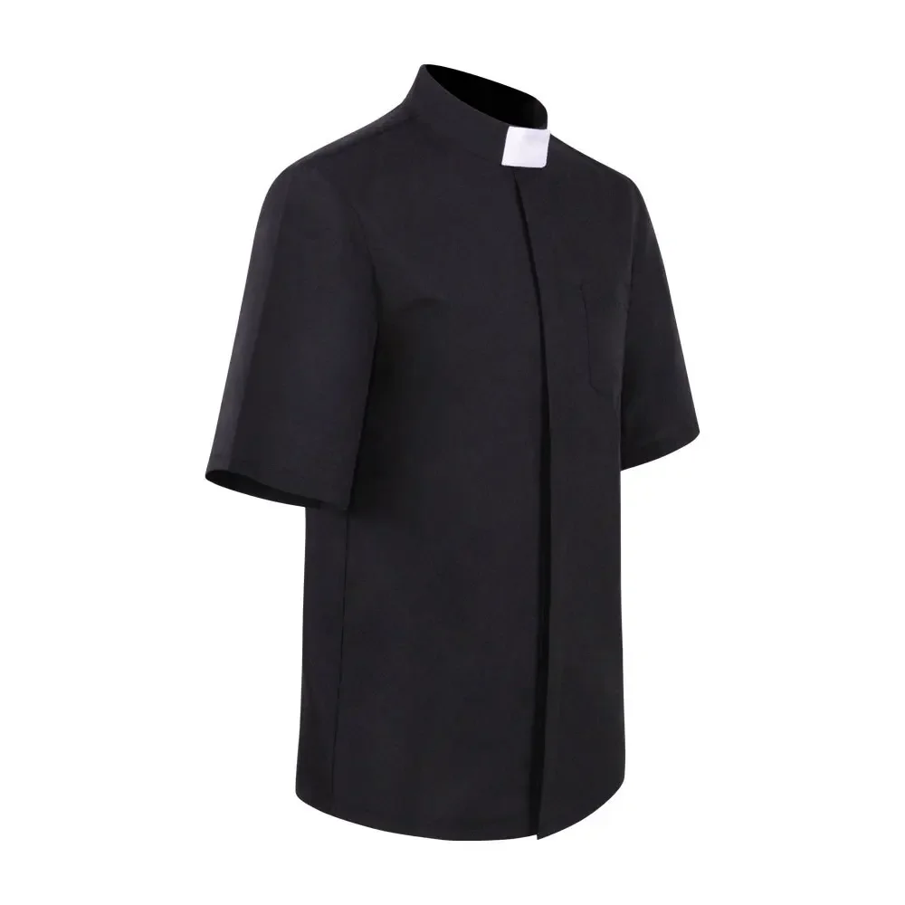 Halloween Black Priest Shirt Men Clergy Stand Collar Catholic Church Missionary Short/Long Sleeve Top Role Play Roman Polo Shirt