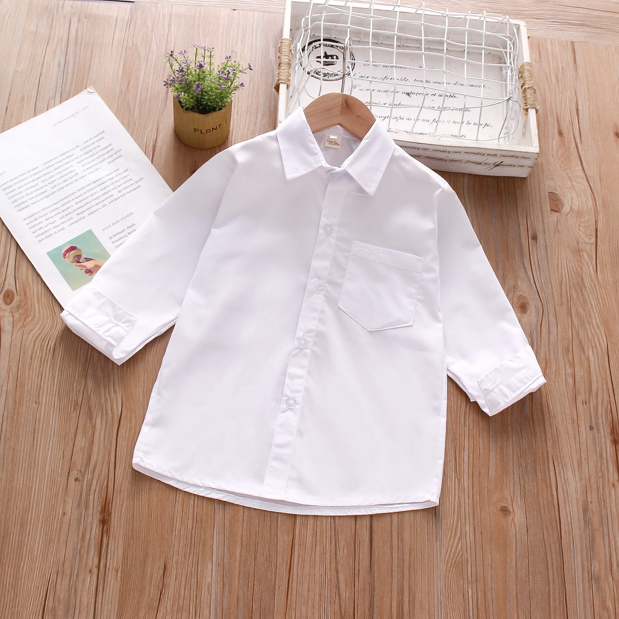 Spring and Autumn New Boys\' Long sleeved Shirt Single Shoulder Pocket Flip Collar Baby White Shirt Comfortable Boys\' Clothing