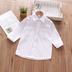 Spring and Autumn New Boys' Long sleeved Shirt Single Shoulder Pocket Flip Collar Baby White Shirt Comfortable Boys' Clothing