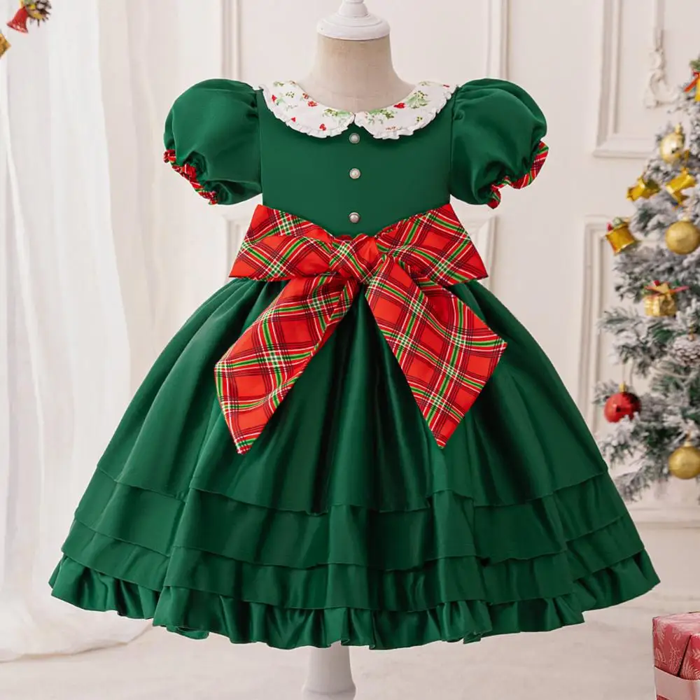 Girl's New Color Blocked Checkered Big Bow Bubble Sleeve Doll Collar Princess Dress Christmas Sweet and Cute New Year Dress