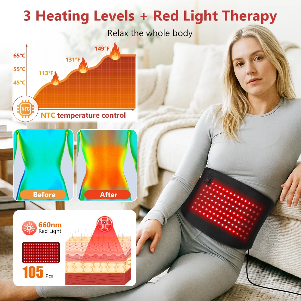 Hot Compress Belt Red Light Belt 105 LEDs 660nm for Waist Shoulder, 3 Heat Levels USB Heated Wrap with Power Bank Pocket