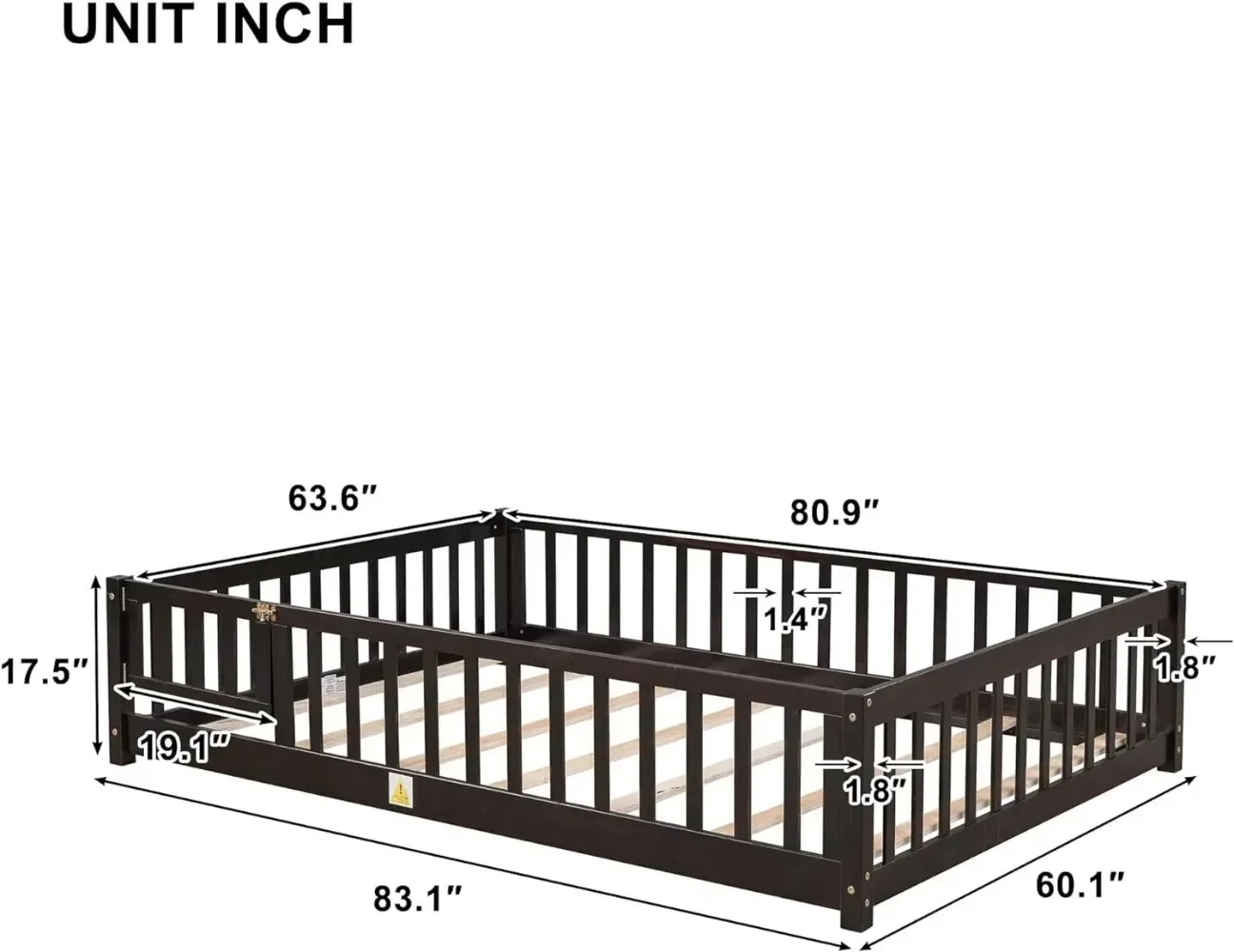 Queen Size Floor Bed Frame with Safety Fence and Door Wood Montessori Floor Bed with Slat Support Toddler Floor Bed Frame