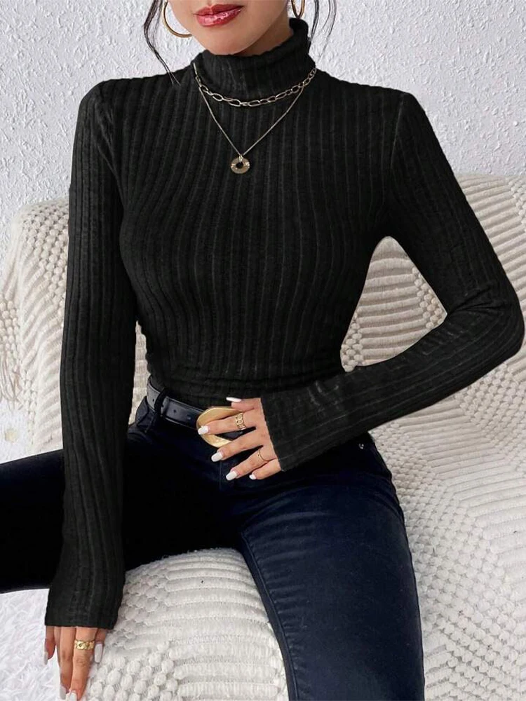 2024 Winter Pit Streifen Schlank Stricken frauen Pullover Rollkragen Langarm Warme Pullover Einfarbig Bequeme Casual Kleidung