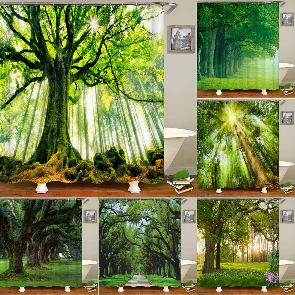 Forest Landscape Shower Curtain Garden 3D Green Plant Tree Natural Scenery Waterproof Polyester Bathroom Curtain Home Decor