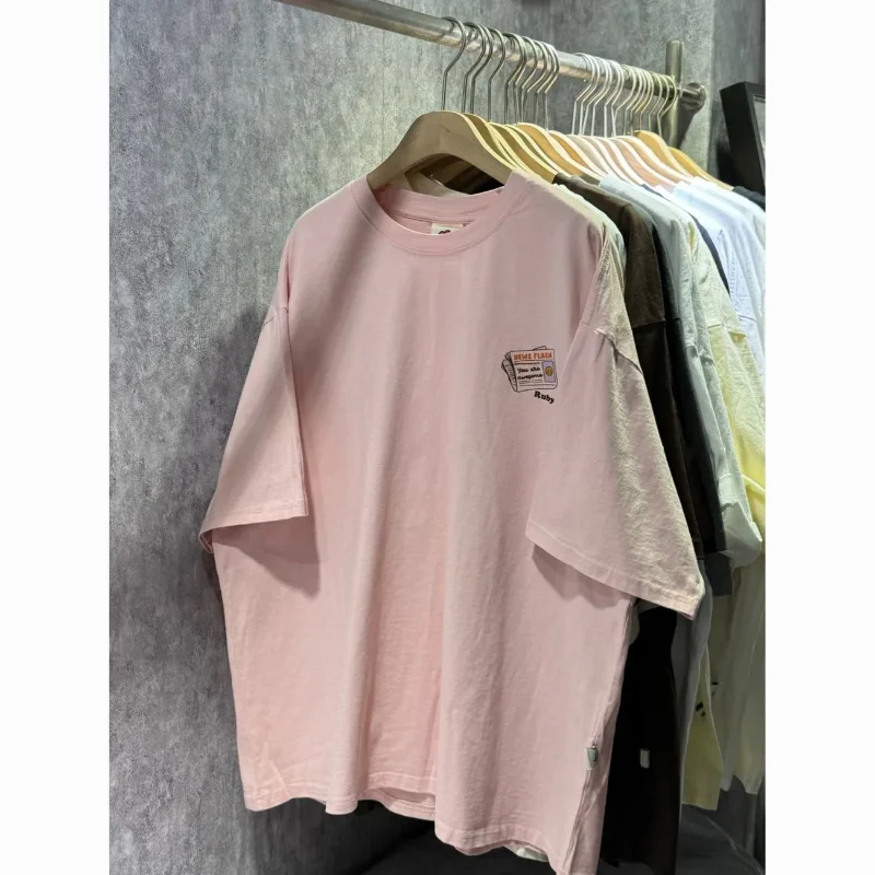 Unisex Oversized Brown Half-Sleeve T-Shirt with Newspaper Patch Casual Loose Cotton Tee