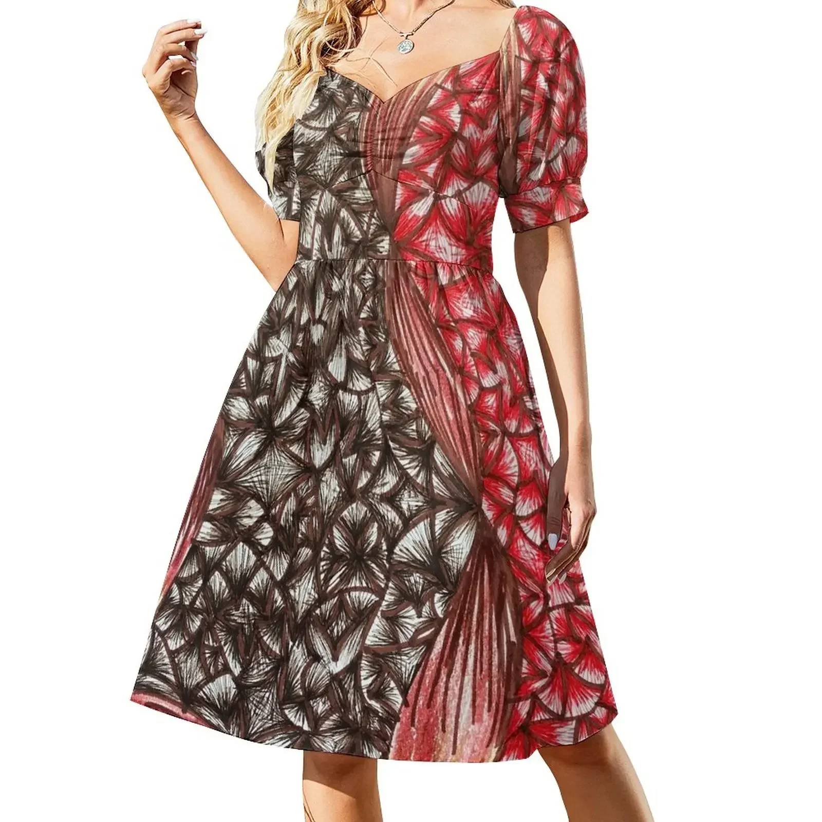

Brown and Red Abstract Ribbons Short-Sleeved Dress elegant women's dresses sale Women's summer long dress Dress