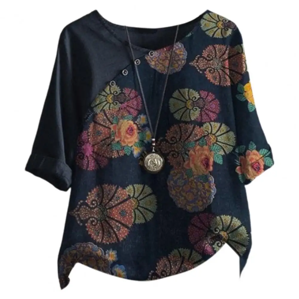 Round Neck Women Top Stylish Women's Summer Tops Retro Floral Print Loose Fit Shirt Soft Skin-friendly Polyester Pullover for A