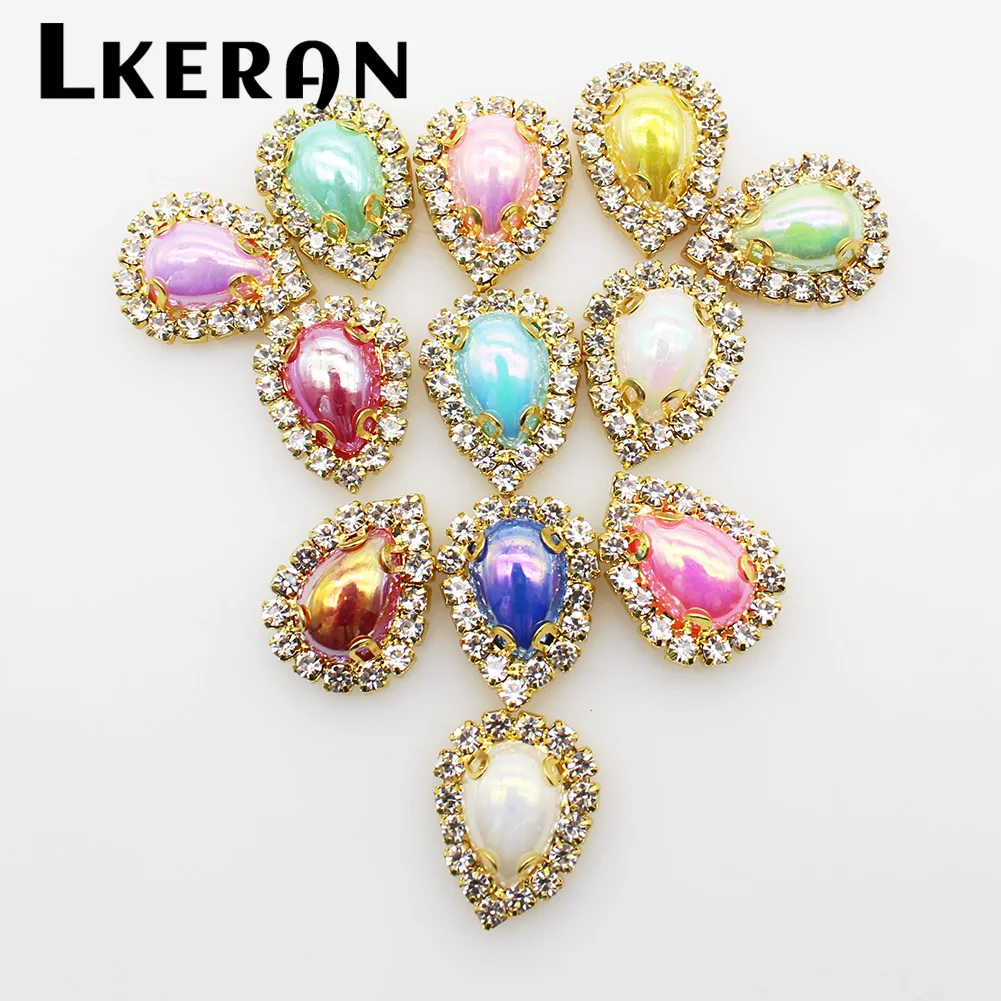 LKERAN 16*20mm 10pcs 4-Hole AB Pearl Buttons Gold Metal Craft DIY Sewing Decorative Clothing Button Accessories
