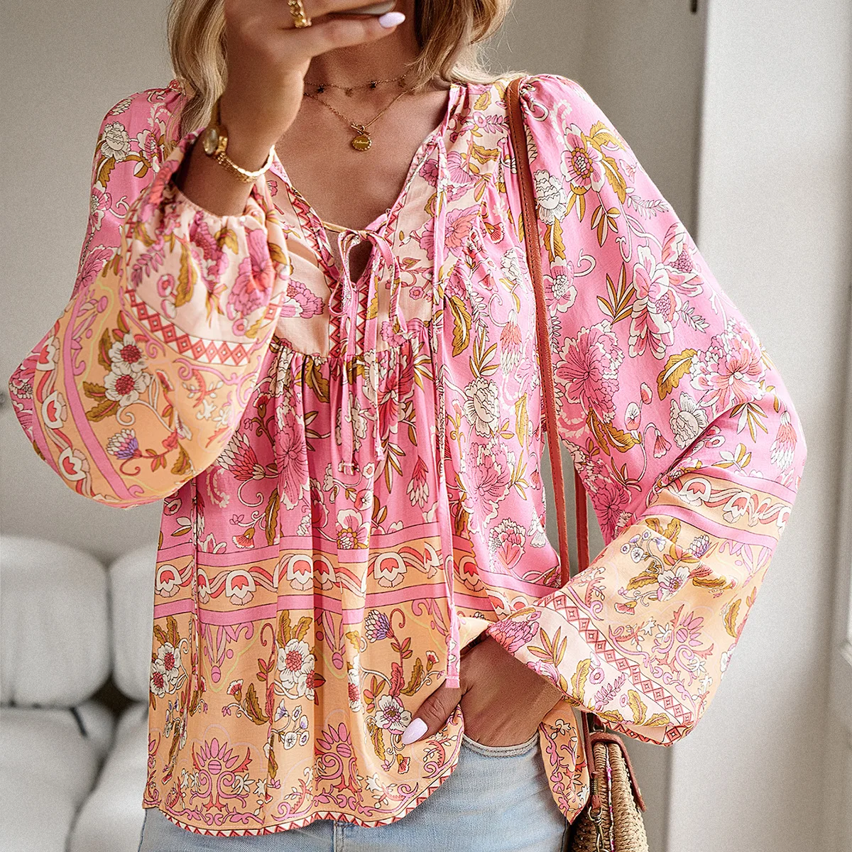 TEELYNN Cotton Rayon Floral Printed Blouses Shirts for Women Tops Long Sleeve V Neck Beach Boho Loose Blouse Summer 2023 Blusa