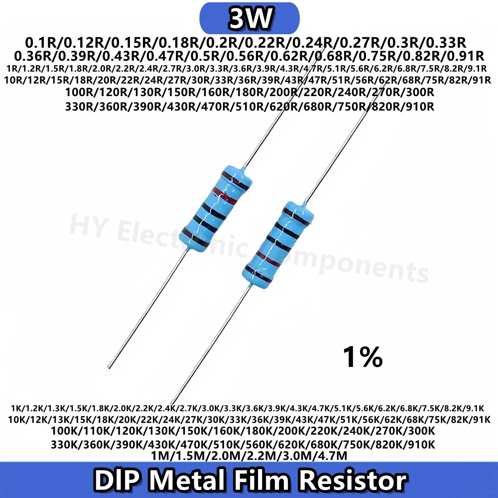 10PCS 3W 1% 9.1 10 K 1.5 M 68R 75 82 91R 100 120 150R 680 200 220 240 270R 300 330R 470 Ω OHM DIP Metal Film Color Ring Resistor