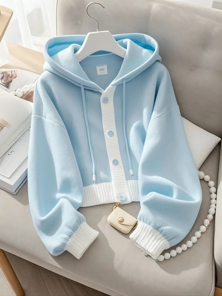 Hot Fashion Soft Blue Cardigan Sweaters Women Long Sleeve Elegant Knitted Jacket Sweet Female Casual Hooded Outwear Tops XXL