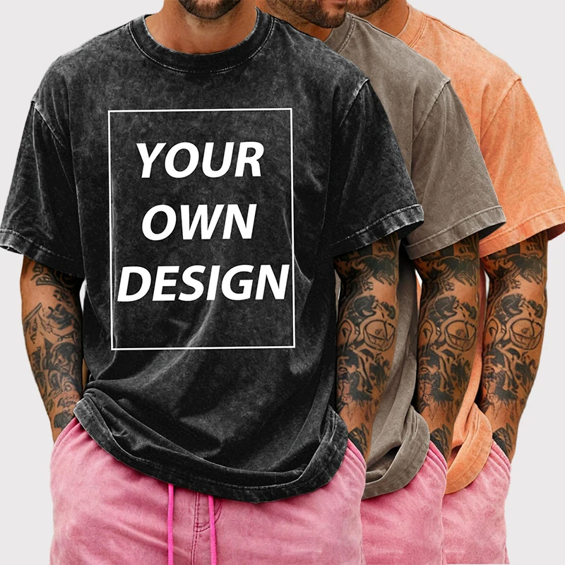 Summer Customize Text Logo Mens Retro Washed Cotton Tee Shirt Breathable Beach Short Sleeve Casual Loose Top YouthTrendy Clothes