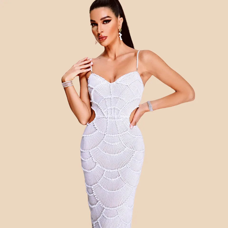 Women's Elegant Long Dress Sparkling Nail Bead Sexy Hollow Suspender Dress Socialite Birthday Party Fashion Dinner Dress 2025