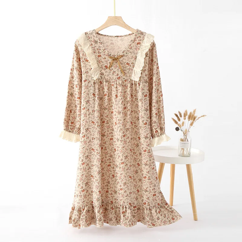 Spring and summer 2024 new women\'s nightdress 100% cotton crepe long-sleeved skirt soft and comfortable flower home skirt