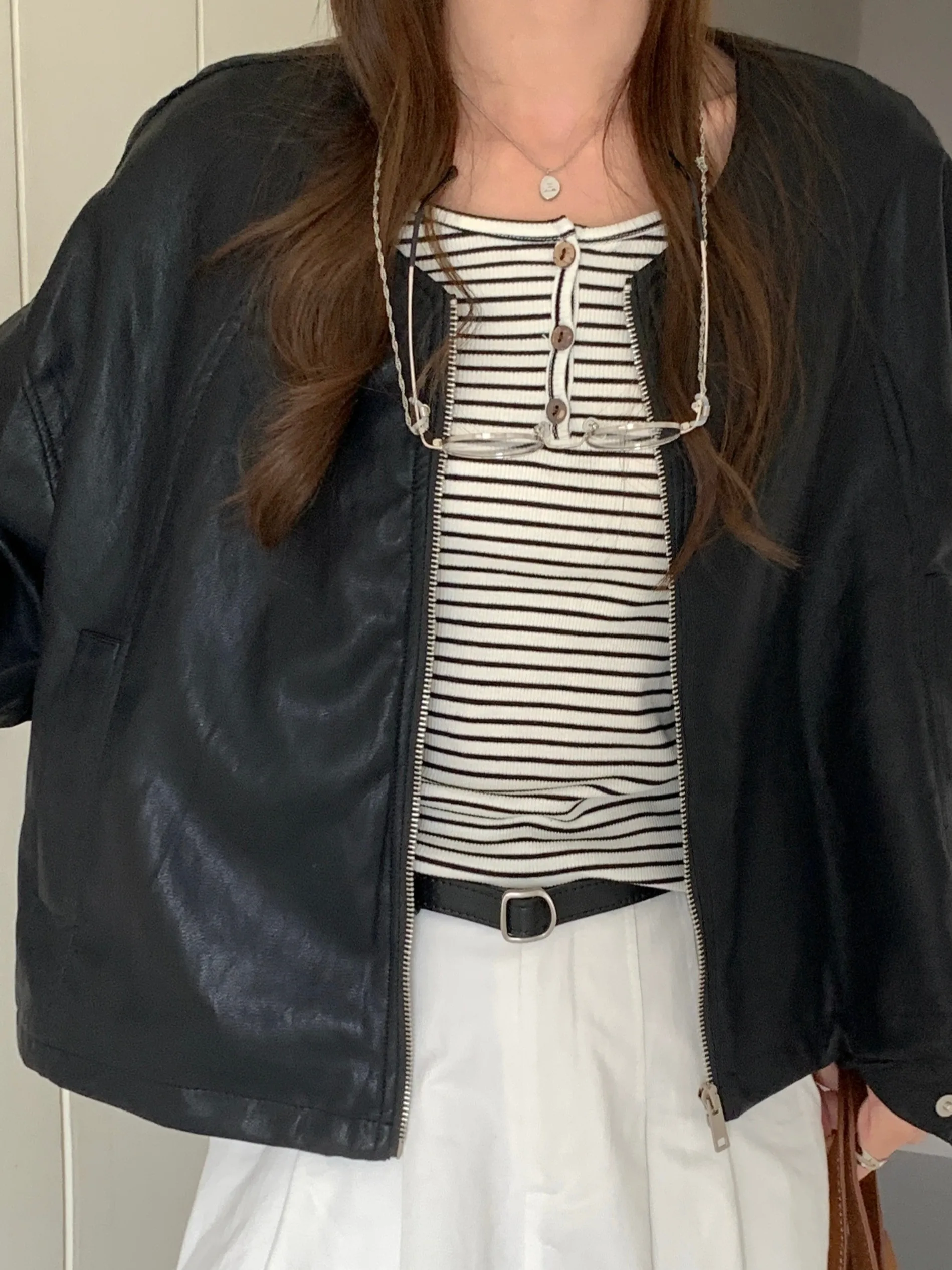 Retro Chic ort Leather Jaet Women's Autumn Winter round Ne Casual Versatile Hong Kong Sle Quali Faion Outerwear