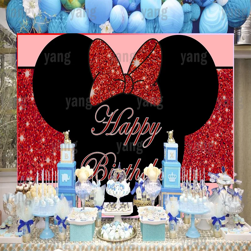 Custom Cartoon Disney Lovely Black Minnie Mouse Head Birthday Party Decoration Cute Red Satrs Backdrop Photography Background