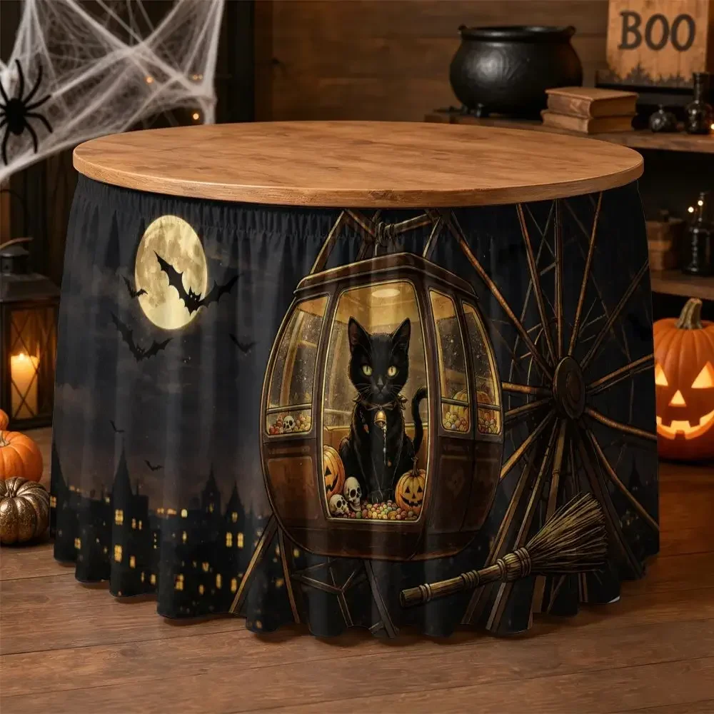 One Halloween tablecloth, a 2D black cat pattern on the Halloween Ferris wheel design.