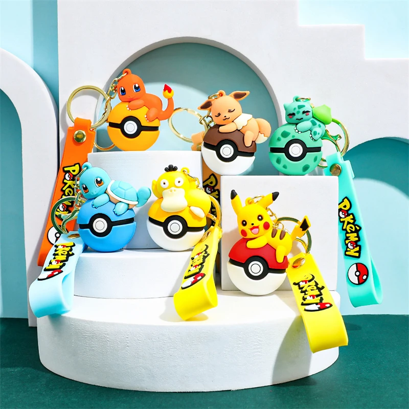 Potdemiel Pokemon Elf Keychain Cute Pikachu Charmander Bulbasaur Squirtle Eevee Psyduck Rubber Keyring Creative Charm Fans Gift
