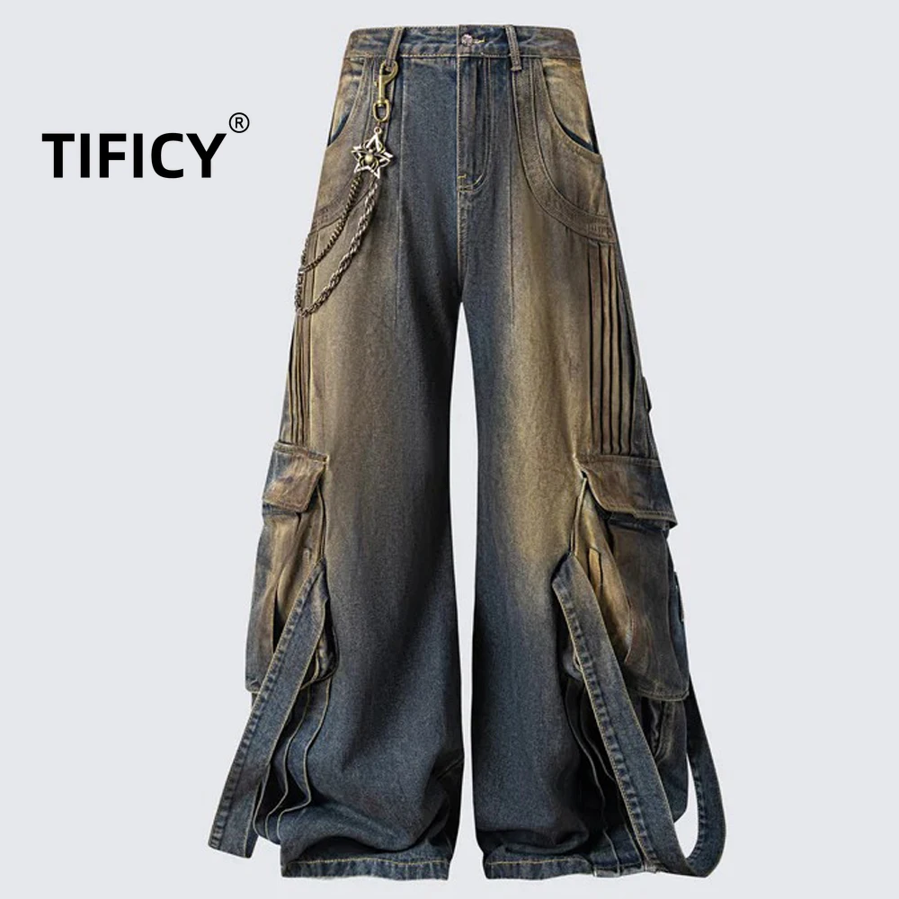 

Мужские джинсы High Street Heavy Industry с эффектом потертости, многокарманные, в стиле ретро, свободного кроя, винтажные, широкие, удлиненные