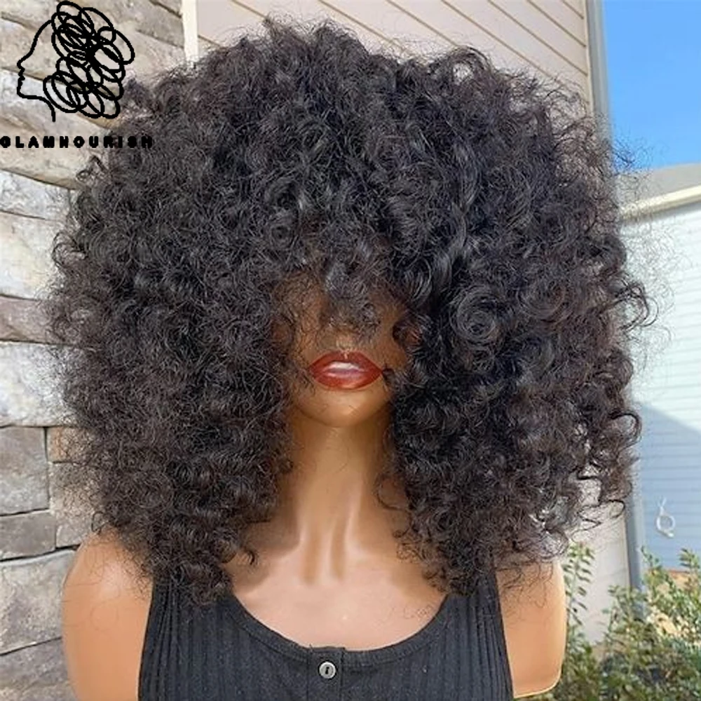 

Curly Human Hair Wig With Bangs Brazilian Remy Funmi Short Bob Curly Wigs 180% Density Glueless Wig Water Wave Wig Natural Black