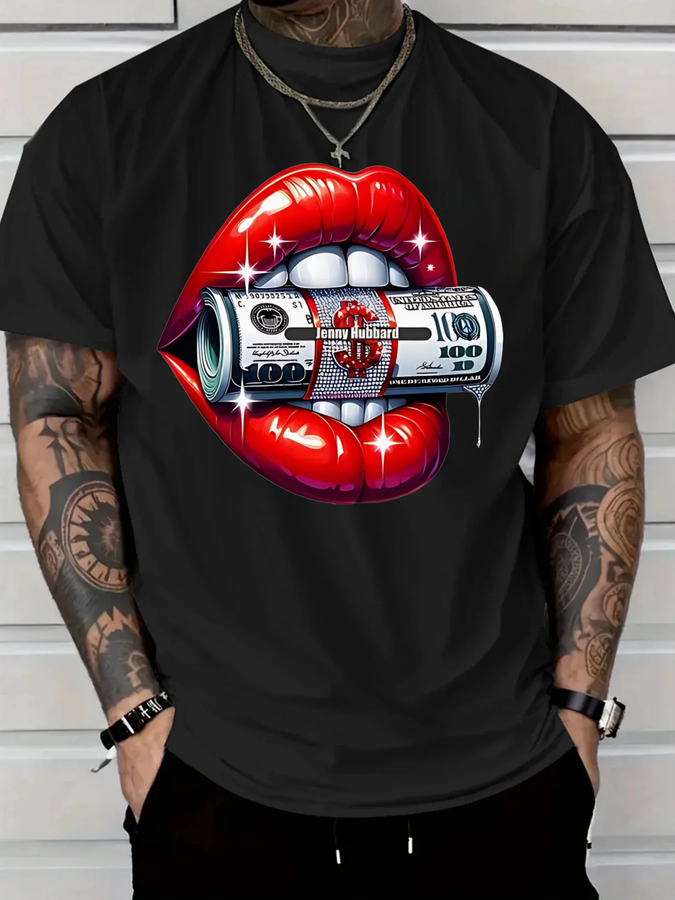 2025 Men'S New Casual Pure Cotton T-Shirt Featuring a Bold Design with Red Lips Biting a Rolled $100 Bill Breathable and Comfort