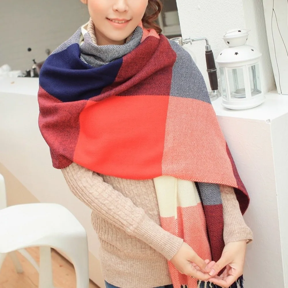 

Casual Windproof Plaid Scarf Keep Warm Tassel Imitation Cashmere Shawl Long Korean Style Shawl Wrap Apparel Accessories