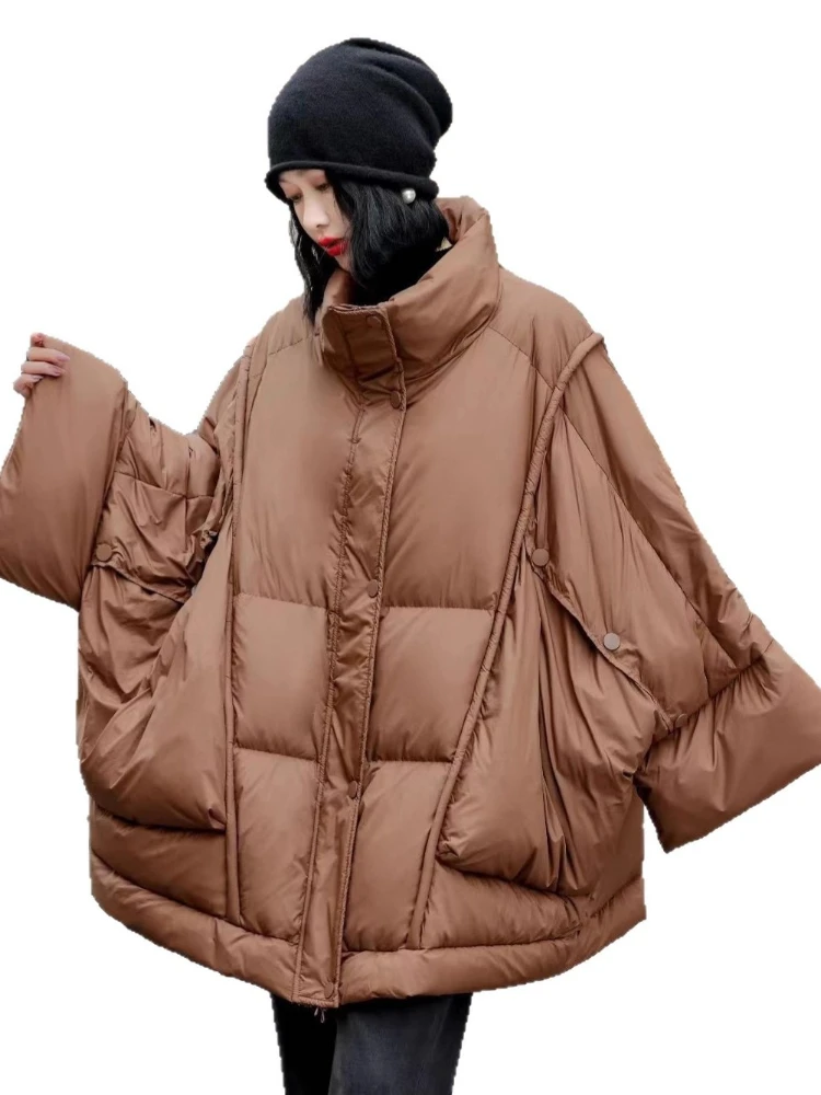Abrigo acolchado de longitud media de gran tamaño para mujer, Parkas mullidas de nieve para invierno, prendas de vestir con capucha, corte en A, chaqueta gruesa holgada de plumón de pato 90, novedad de 2025