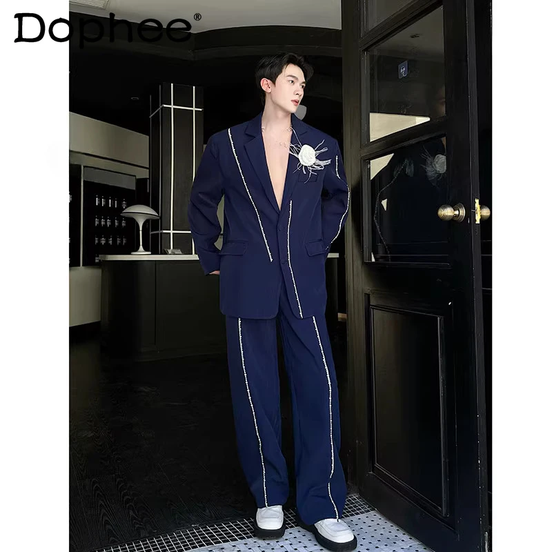 

Men's 2025 Autumn New 2pcs Retro Pearl Decorated Embroidered Shoulder Pad Suit Jackets High-end Wide-leg Pants Two-piece Sets