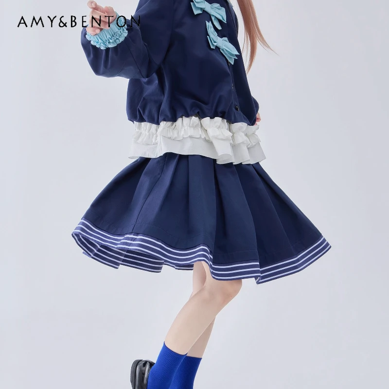 

French Retro Design College Style Women's Pleated Skirt 2025 Autumn New Sweet Cute Blue Striped Color-Block A-Line Skirts Ladies