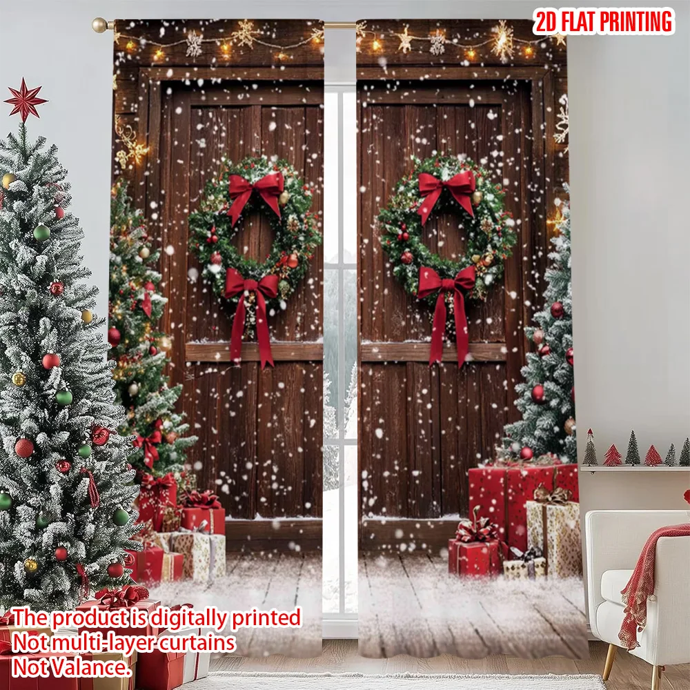 

2pcs 2D flat printing Merry Christmas Scene Curtains Creating Magical Christmas Memories Durable Polyester Without Electricity