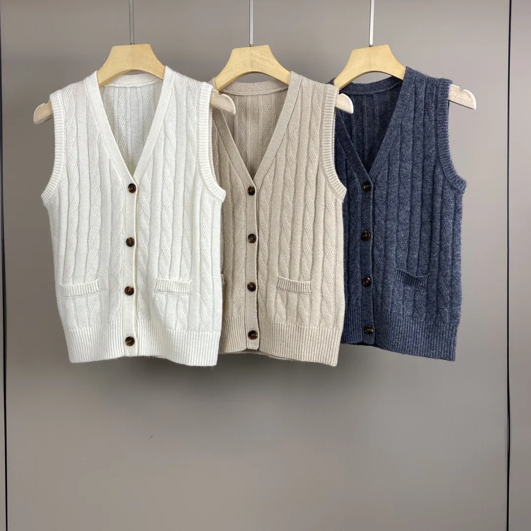 

Women 100% Cashmere Knitted Vest Single Breasted V-Neck Sleeveless Casual Autumn 2024 Cardigan