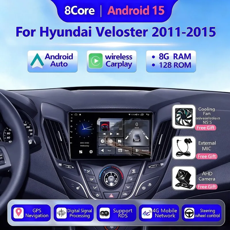 Android15 Car Radio For Hyundai Veloster FS 2011 2012 - 2015 Wireless Carplay Stereo Autoradio Multimedia Player GPS Navigation