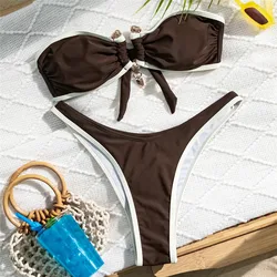 Brown Bandeau Bikinis Sets 2026 Sexy Swimsuit Women Contrast Color Swimwear Metal Buckle High Cut Bathing Suit Bikinis De Mujer