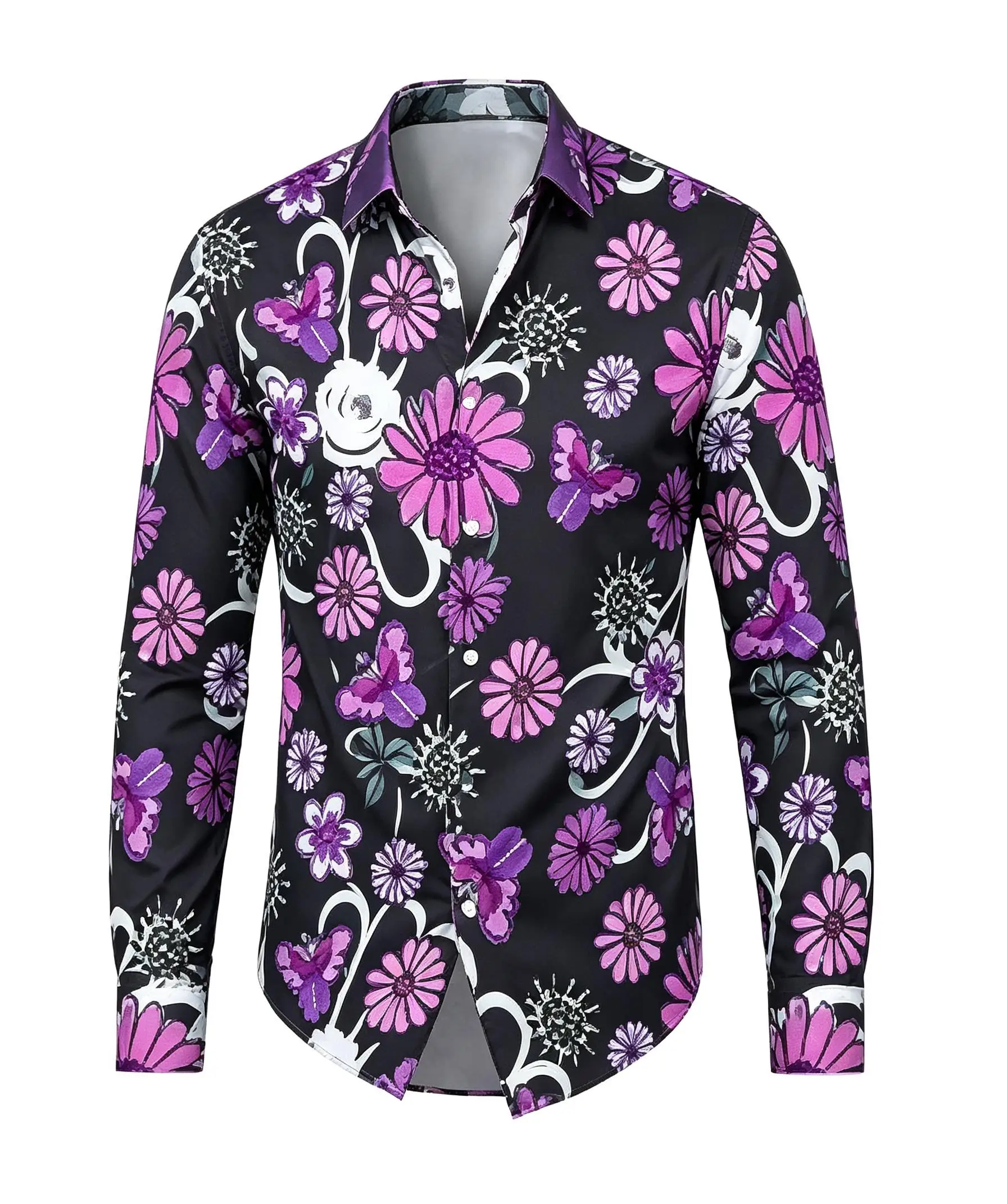 Men Long Sleeve Button Down Shirt Pink Purple Floral Butterfly Print Lapel Collar Casual Top