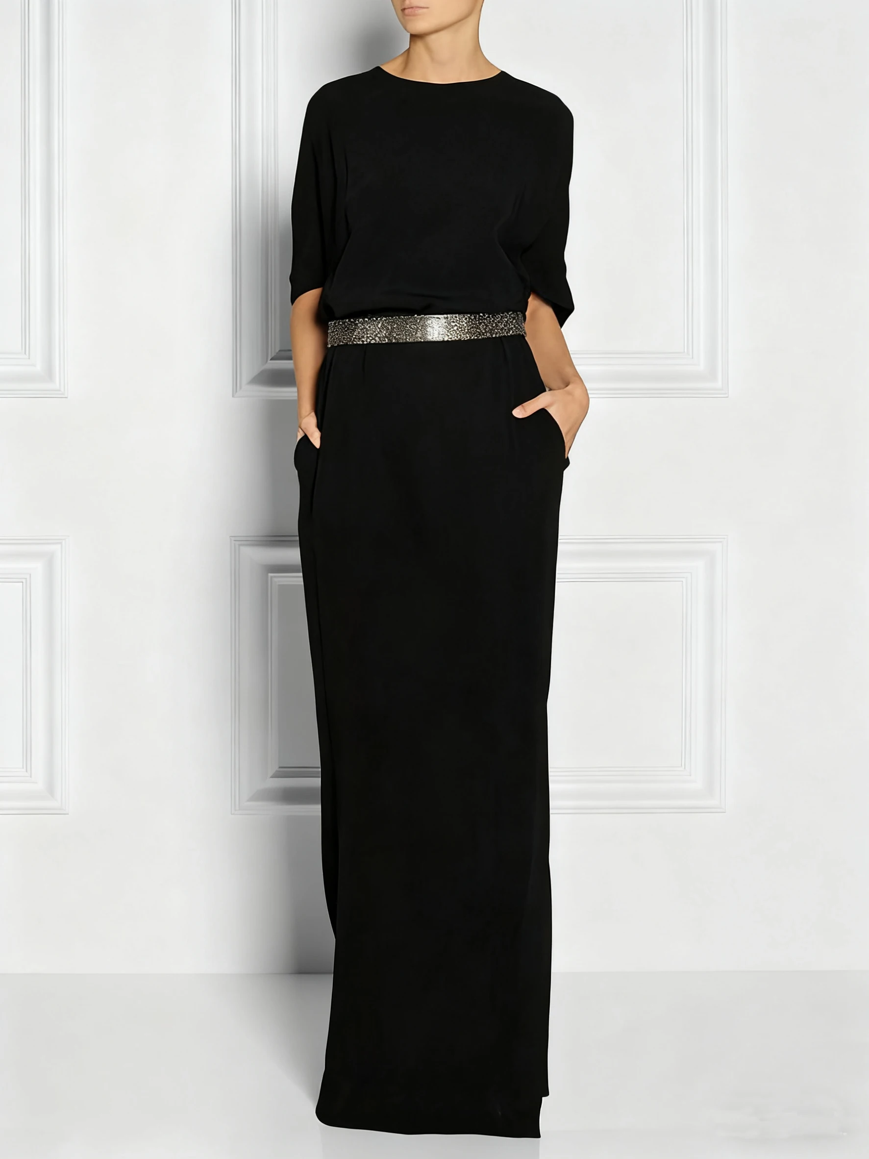 เดรสยาวสีดำคลาสสิกสำหรับผู้หญิง ฤดูใบไม้ร่วง-ฤดูหนาว 2025 ดีไซน์หรูหราสำหรับงานวันเกิด ประดับด้วยคริสตัล ทรงหลวม เสื้อผ้าผู้หญิง