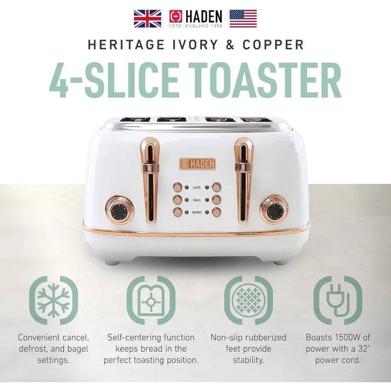 4 Slice Wide Slot Stainless Steel Toaster with Adjustable Browning Control & Non-Slip Feet, Ivory & Copper