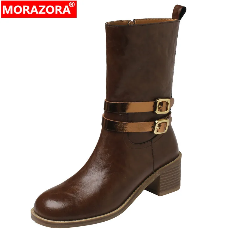 

MORAZORA 2024 New Cool Female Buckle Mid Calf Boots Square High Heels Shoes Genuine Leather Zipper Winter Boots For Women