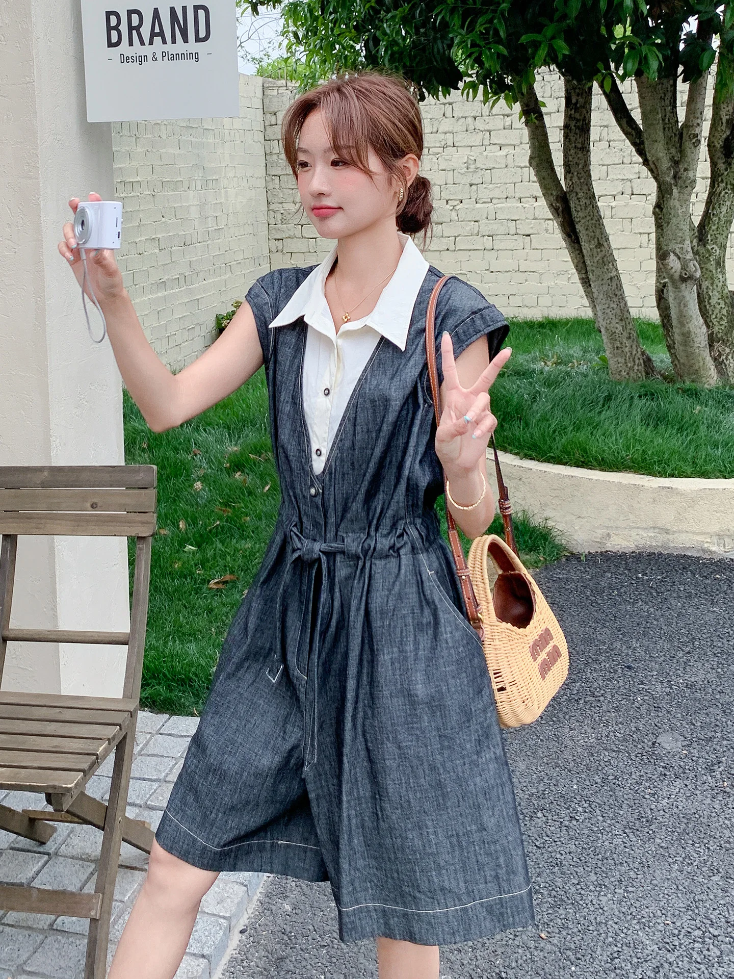 

Korean Sle Light Maturi Fake Two-Piece Color Blo Collar Rer Women's Casual ort Pants High Waist Straight Leg Jumpsuit