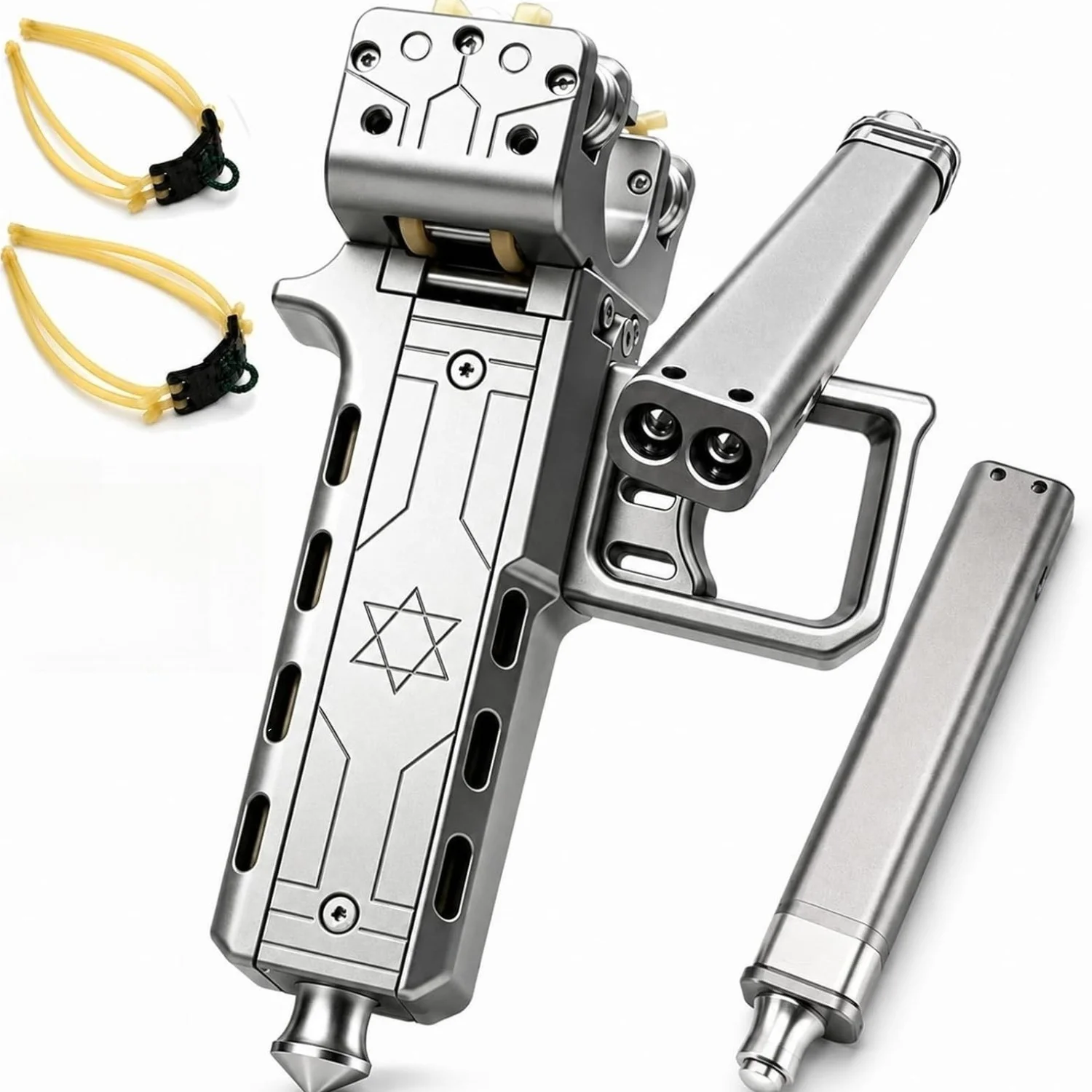 Semi Automatic Slingshot Kit, Aluminum Alloy High Precision Slingshot Set with 2 Dual Magazines Rubber Bands for Target Practice
