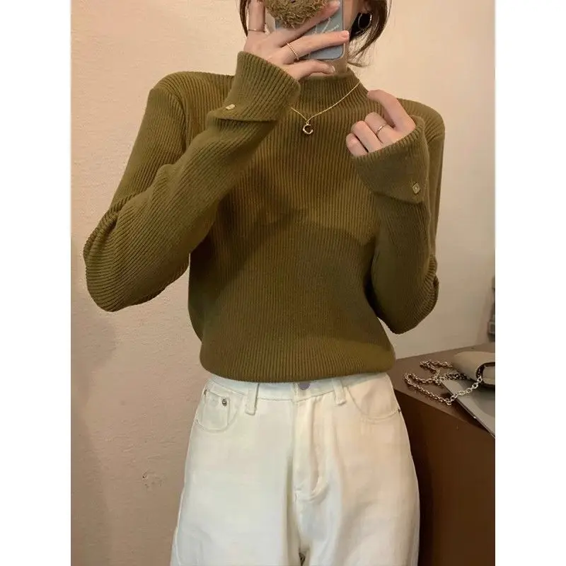 

Semi-turtleneck Pullover Sweater Knitted Camisetas Ribbed Outerwears Streetwear T Shirt Long Sleeve Bottoming Slim Tees